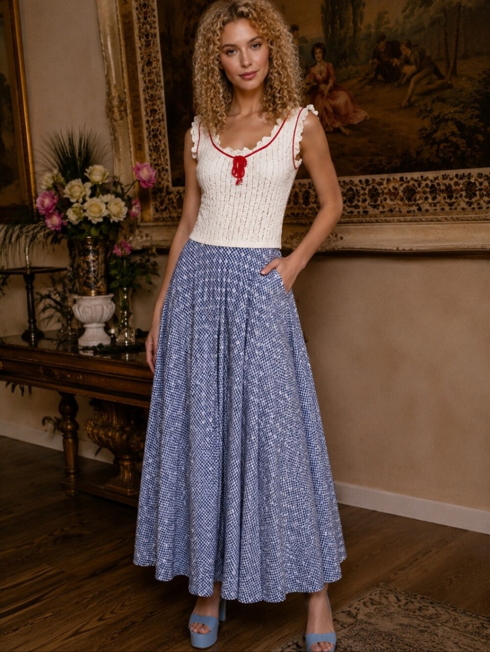 Vintage Mikey Jr Prairie Maxi Dress Pleated Gingham Cottagecore Sundress